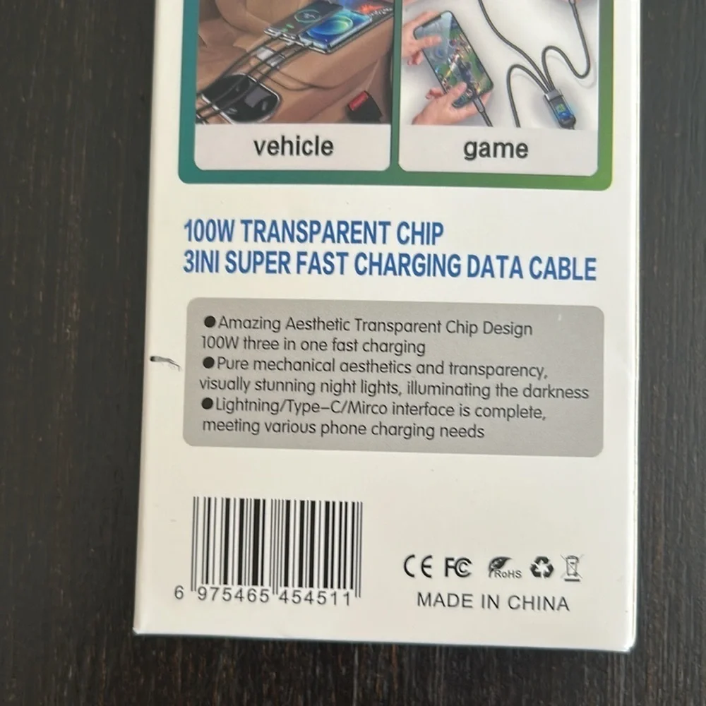 3 in 1 Multi Charging Cable, 1100W USB C Multi Charging Cable - Black - NEW